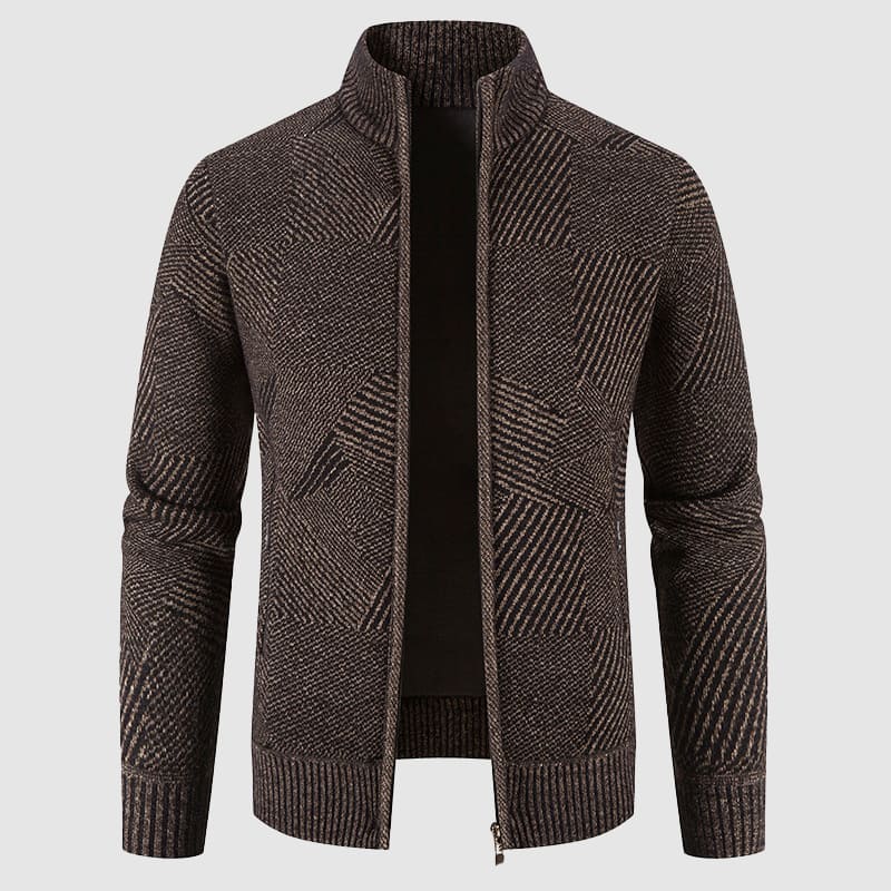 Men's full-zip mock neck cardigan sweater with tonal geometric knit pattern ribbed cuffs cozy layer