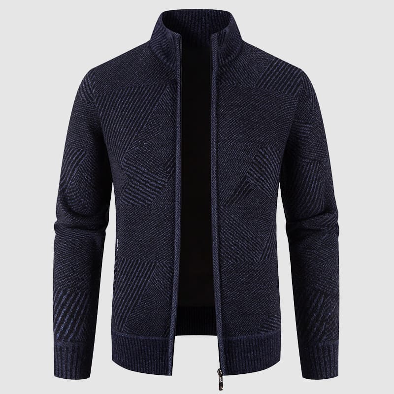 Men's full-zip mock neck cardigan sweater with tonal geometric knit pattern, ribbed cuffs, cozy winter layer