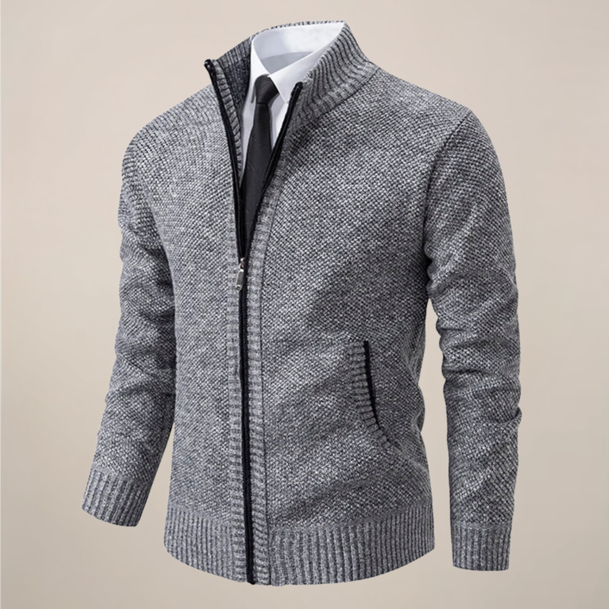 Men's zip-up stand collar cardigan with ribbed trim, smart casual knit jacket for office wear
