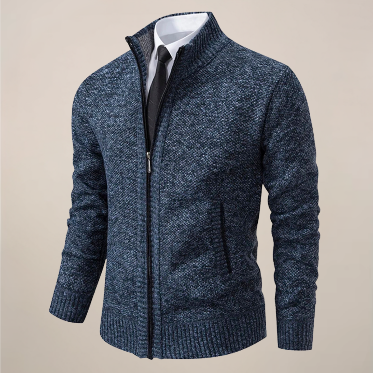 Men's navy zip-up stand collar cardigan with ribbed trim, smart casual knit jacket for office wear