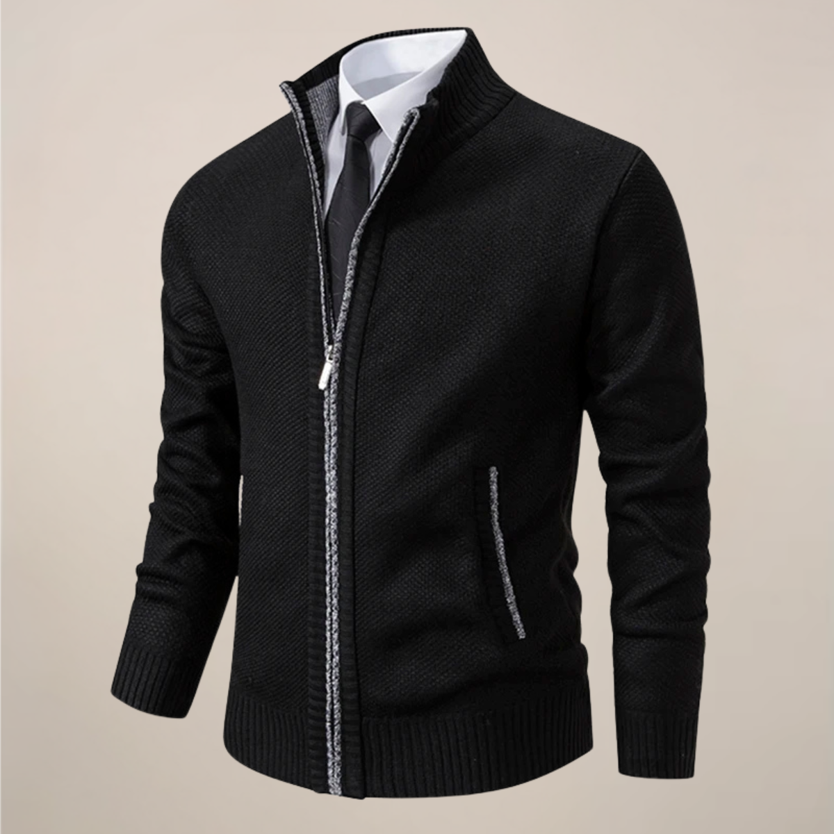 Men's gray zip-up stand collar cardigan with ribbed trim, smart casual knit jacket for office wear