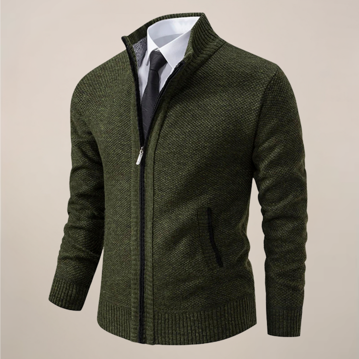 Men's navy zip-up stand collar cardigan with ribbed trim, smart casual knit jacket for office wear