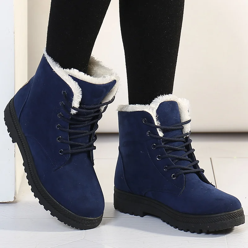 Women's brown suede lace-up winter boots with plush faux fur lining and non-slip sole
