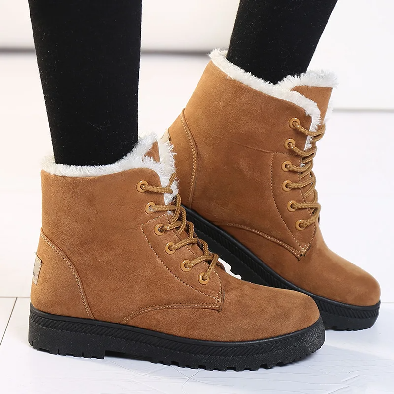Women's brown suede lace-up winter boots with plush faux fur lining and non-slip sole