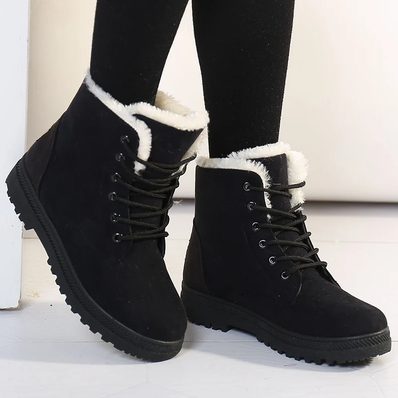 Women's brown suede lace-up winter boots with plush faux fur lining and non-slip sole