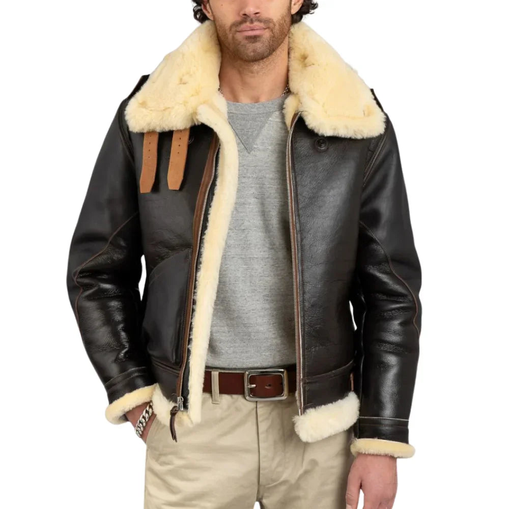 Men's brown B3 sheepskin flight jacket with shearling lining and veg-tanned cowhide shell