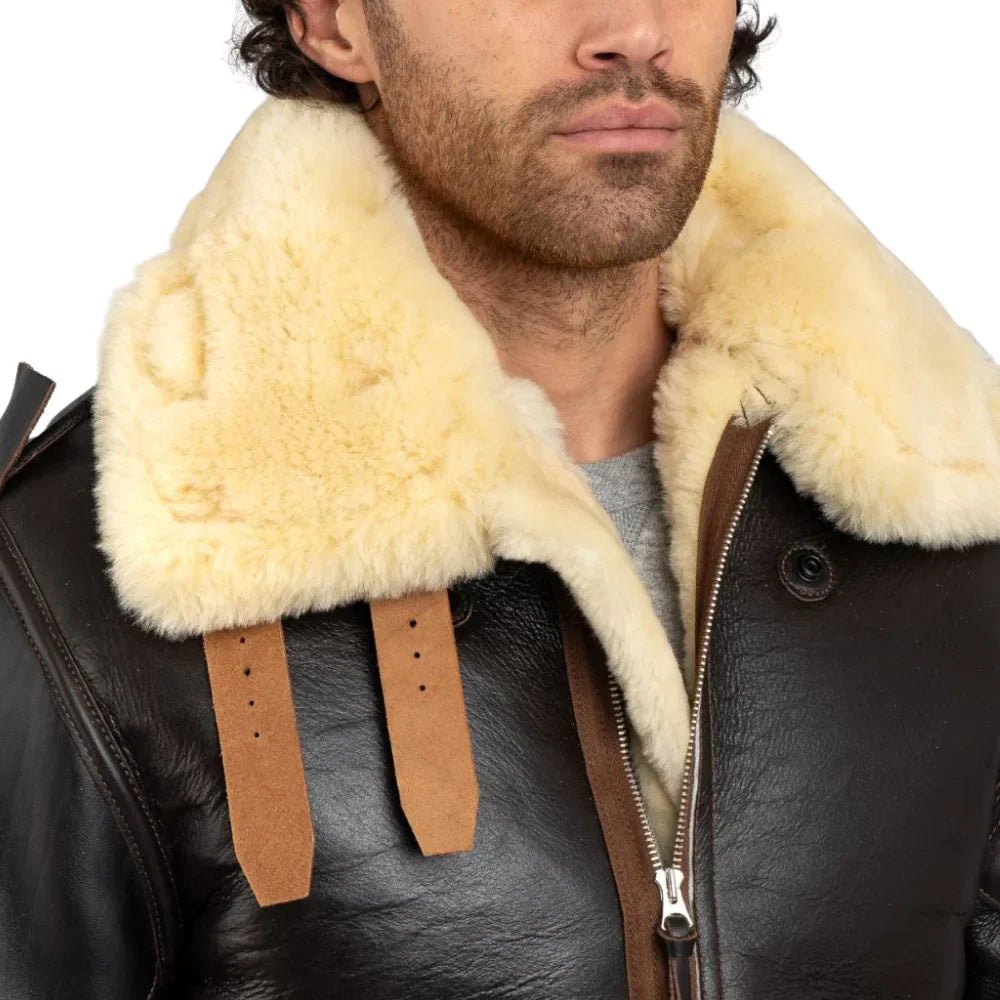 Men's brown B3 sheepskin flight jacket with shearling lining and veg-tanned cowhide shell