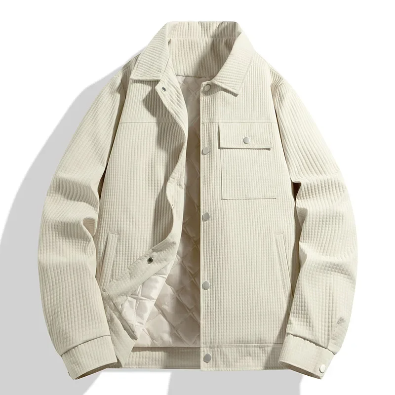 Men's brown corduroy jacket quilted lining snap closures slim structured outerwear layer