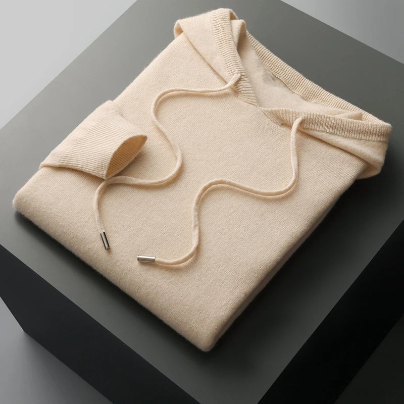 Men's merino wool hoodie loose fit with drawstring, natural temperature-regulating winter layering essential