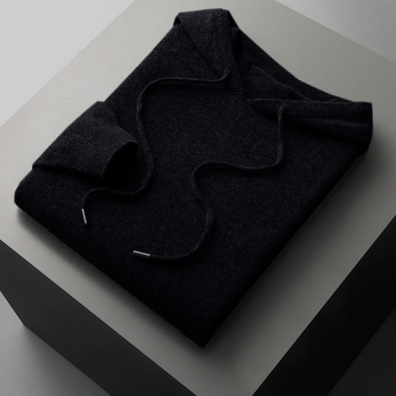 Men's merino wool hoodie loose fit with drawstring, natural temperature-regulating winter layer