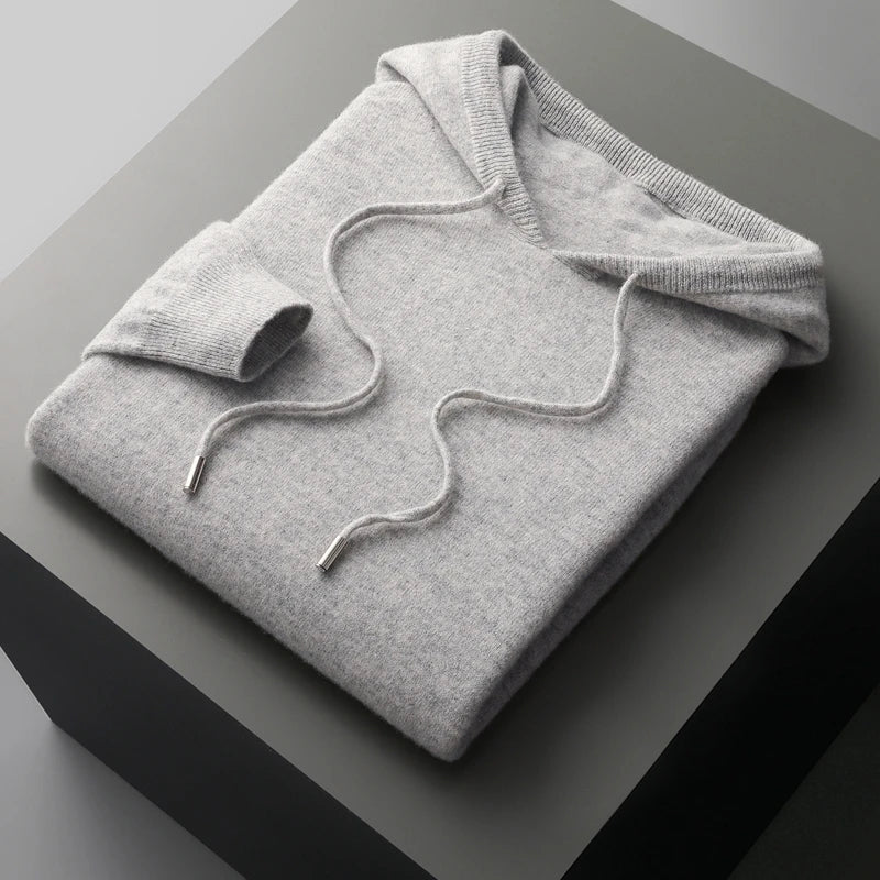 Men's merino wool hoodie loose fit with drawstring, natural temperature-regulating winter layer