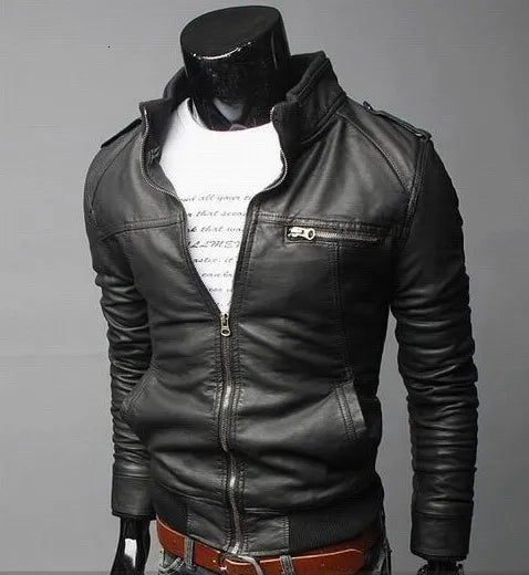 Black men's leather jacket modern street style slim cut with classic edge detailing