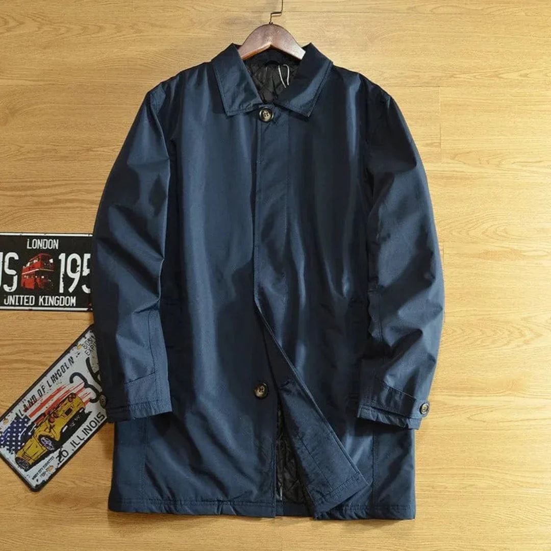 Men's charcoal tailored weatherproof overcoat with classic silhouette and durable weather-resistant finish