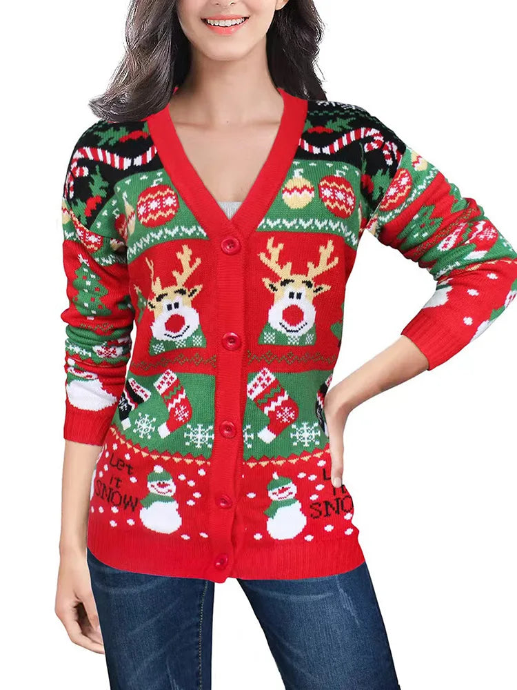 Women's Christmas knit cardigan featuring reindeer snowmen snowflakes Let It Snow motifs cozy festive layering