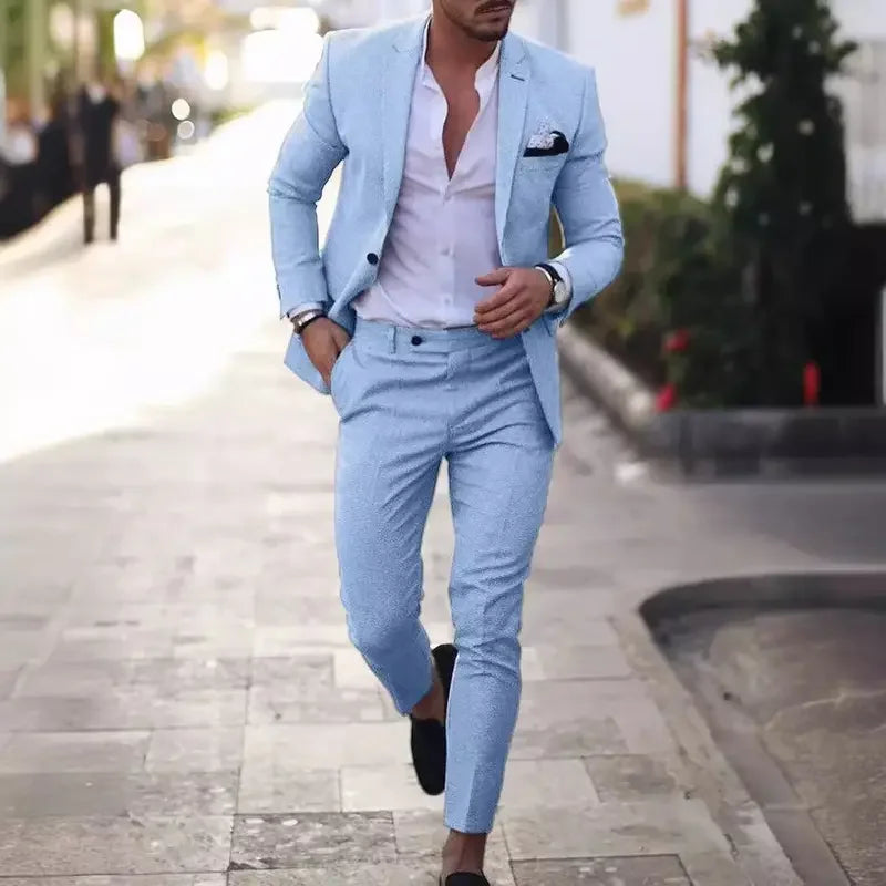 Men's slim fit two-piece suit in classic tones, tailored blazer with matching trousers for weddings