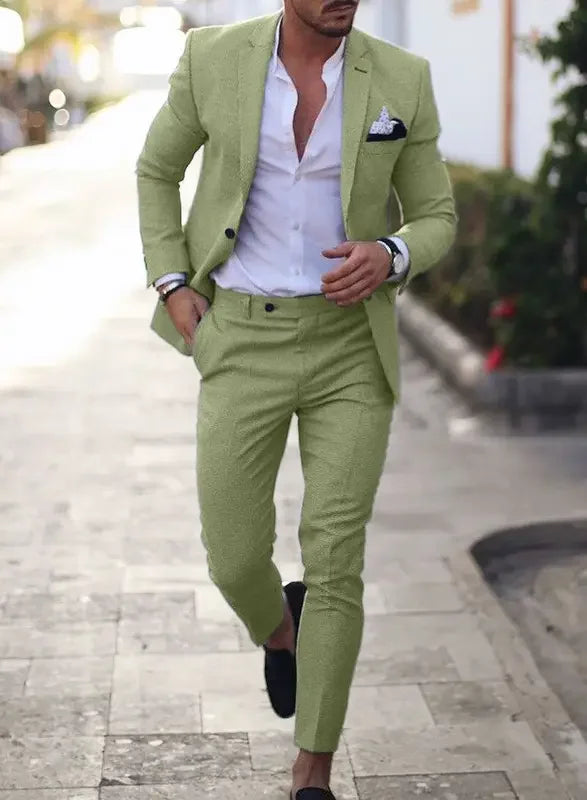 Men's slim fit two-piece suit in classic tones, tailored blazer with matching trousers for weddings