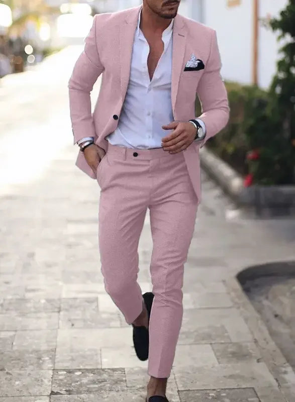 Men's slim fit two-piece suit in classic formal style, tailored blazer with matching trousers for weddings