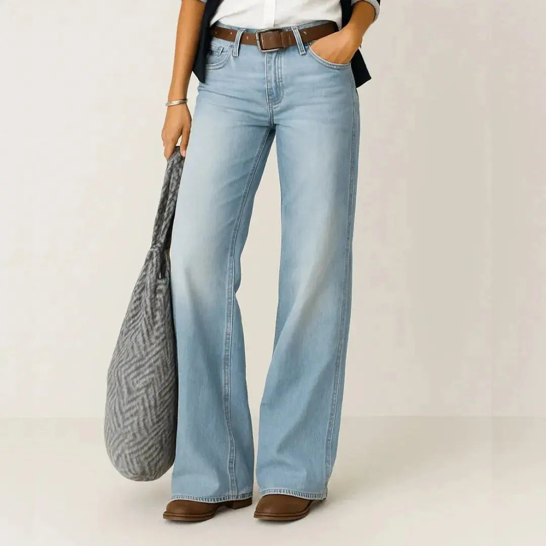 Women's high-waisted wide-leg jeans in premium stretch denim with flattering vintage-inspired silhouette