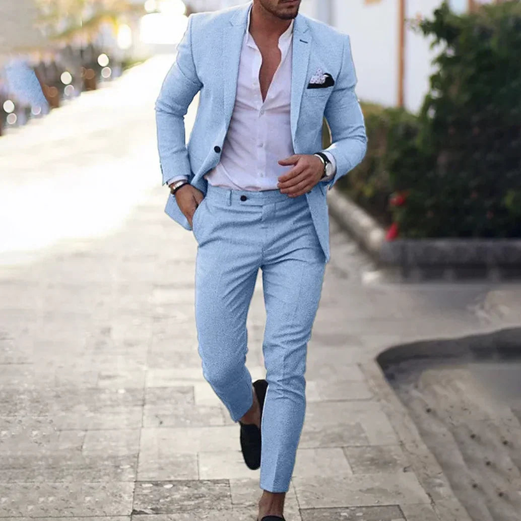 Navy tailored blazer and trousers two-piece suit set with structured slim-fit silhouette