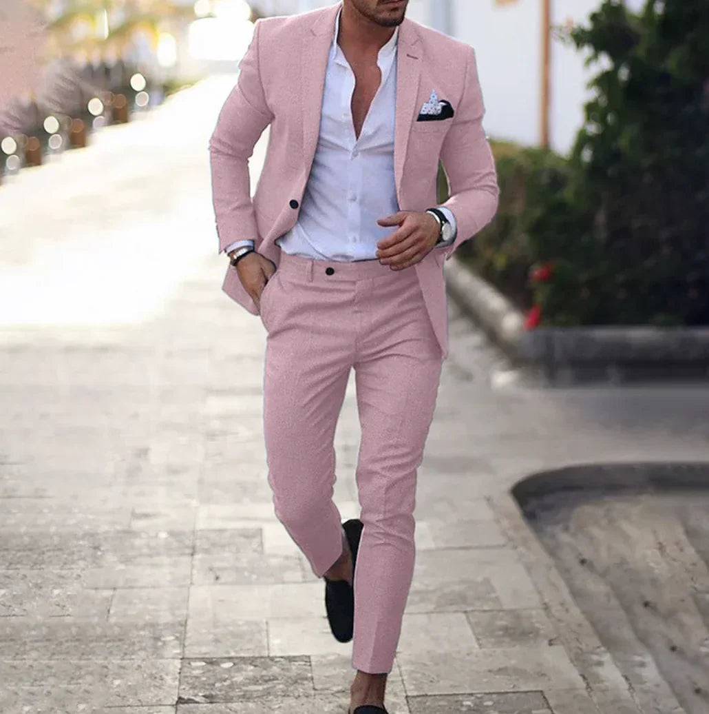 Navy blue tailored blazer and trousers set with structured silhouette for a sharp professional look