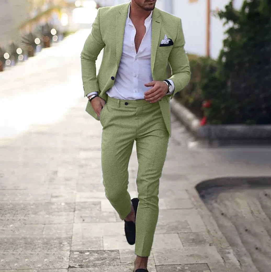 Navy blue tailored blazer and trousers set with structured silhouette for professional men