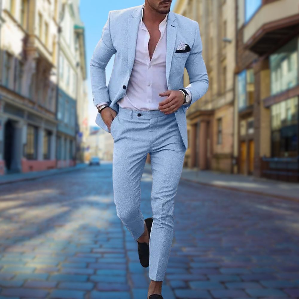 Navy slim-fit cotton-linen two-piece suit blazer trousers wedding business lightweight breathable