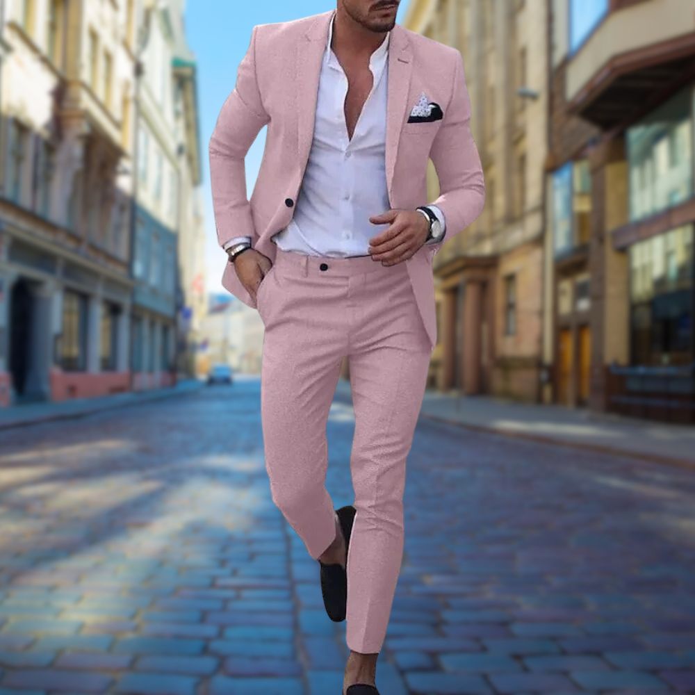 Navy slim-fit cotton-linen two-piece suit blazer and trousers for weddings and business events