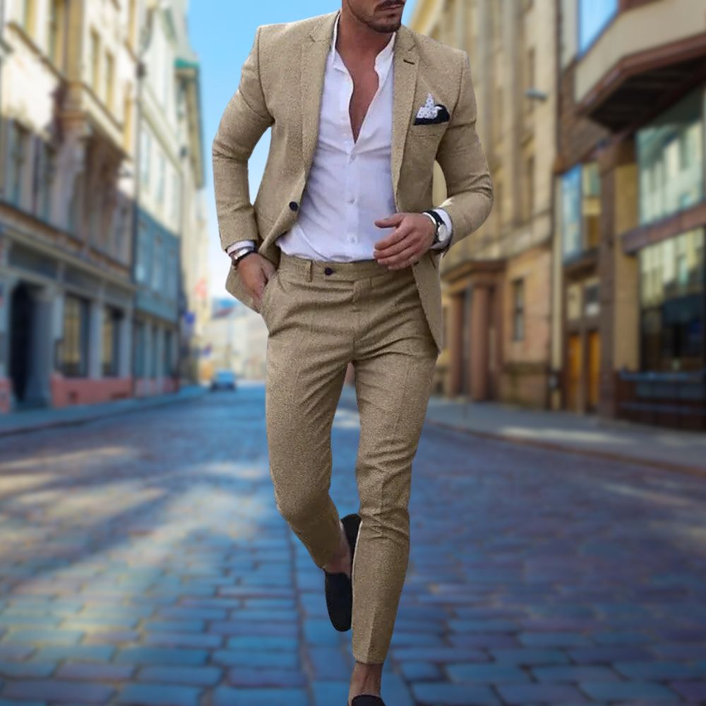 Navy slim-fit cotton-linen two-piece suit blazer and trousers for weddings and business events
