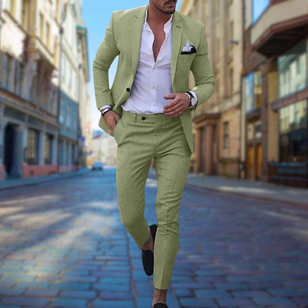 Navy slim-fit cotton-linen two-piece suit with tailored blazer and matching trousers for weddings