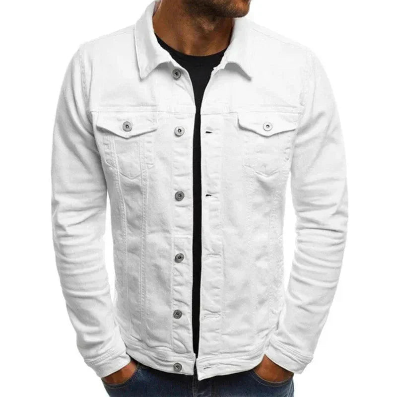 Men's classic blue denim button-down jacket relaxed fit with front flap pockets