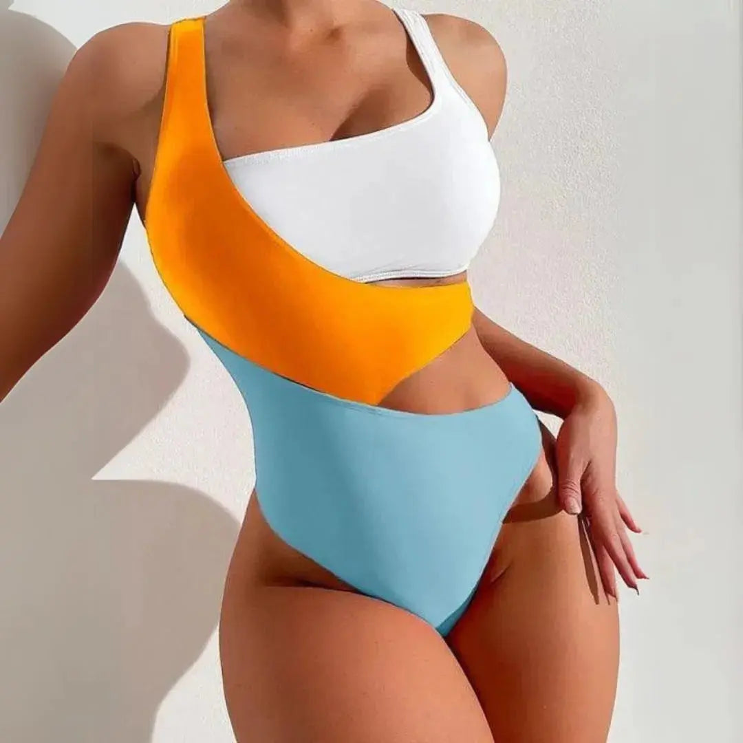 Colorblock one-shoulder cut-out monokini swimsuit with asymmetrical neckline sporty-chic flattering fit