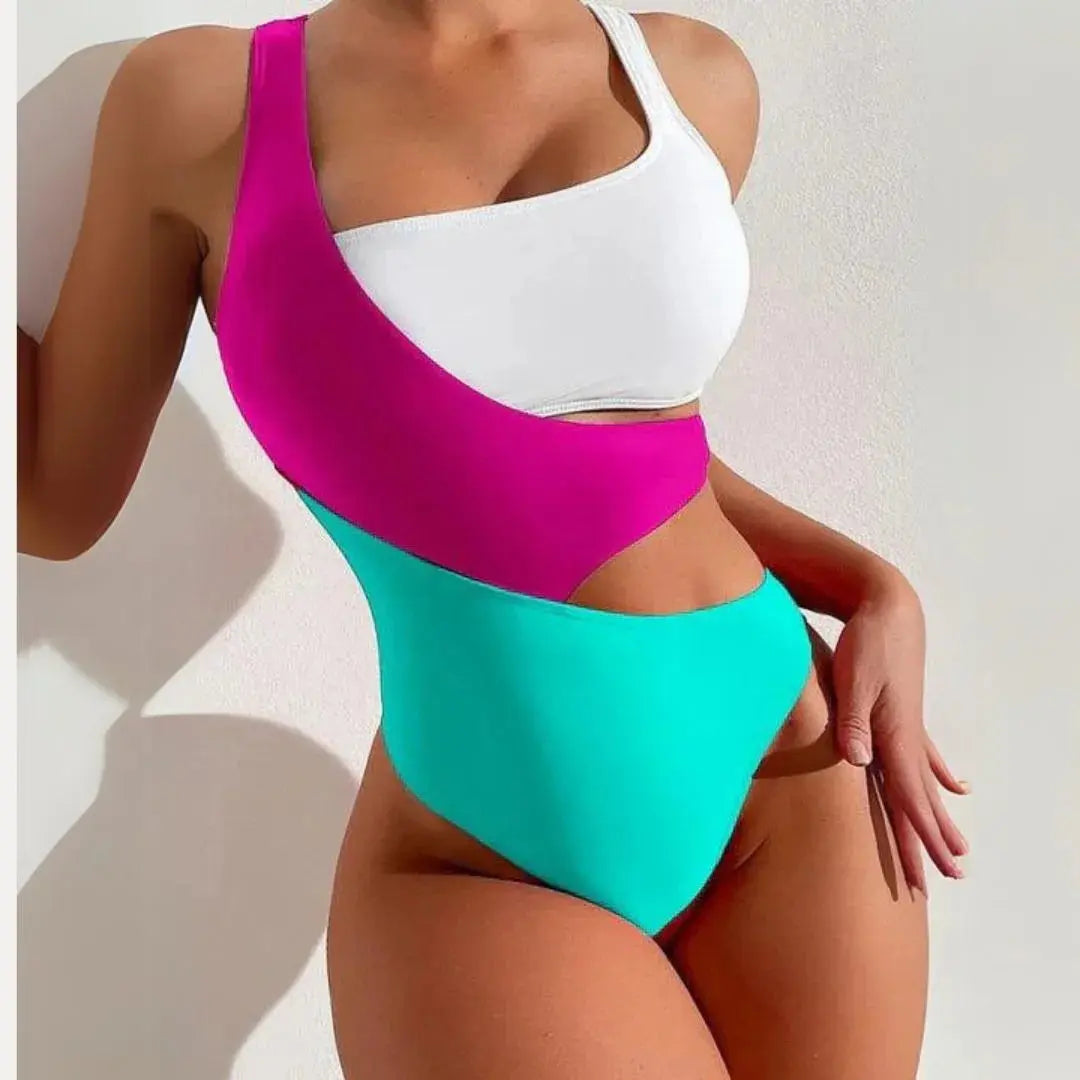 Colorblock one-shoulder cut-out monokini swimsuit with asymmetrical neckline sporty-chic style