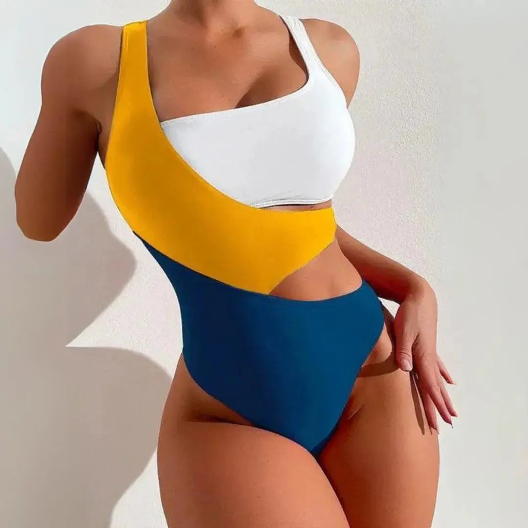 Colorblock one-shoulder cut-out monokini swimsuit with asymmetrical neckline sporty-chic flattering fit