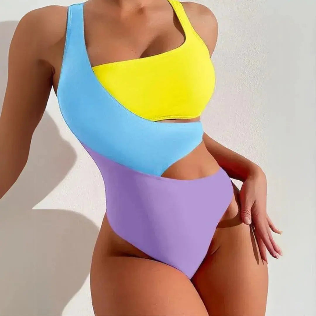 Colorblock one-shoulder cut-out monokini swimsuit with asymmetrical neckline sporty-chic flattering fit
