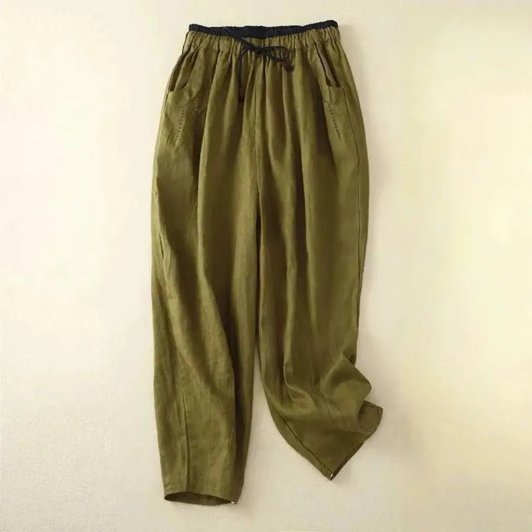 Women's relaxed linen pants with colorblock elastic drawstring waistband, tapered silhouette everyday style