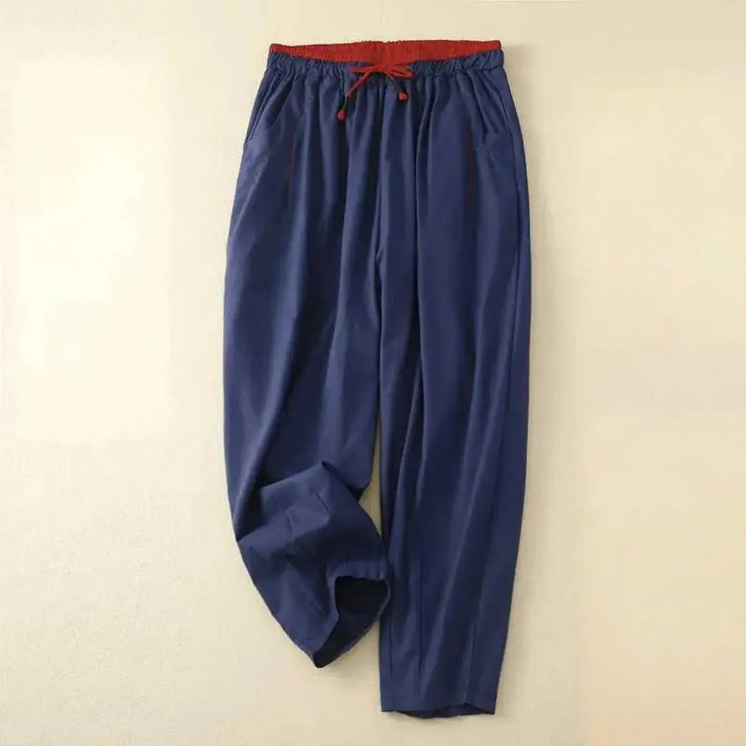 Women's relaxed-fit linen pants with colorblock elastic drawstring waistband in tapered silhouette