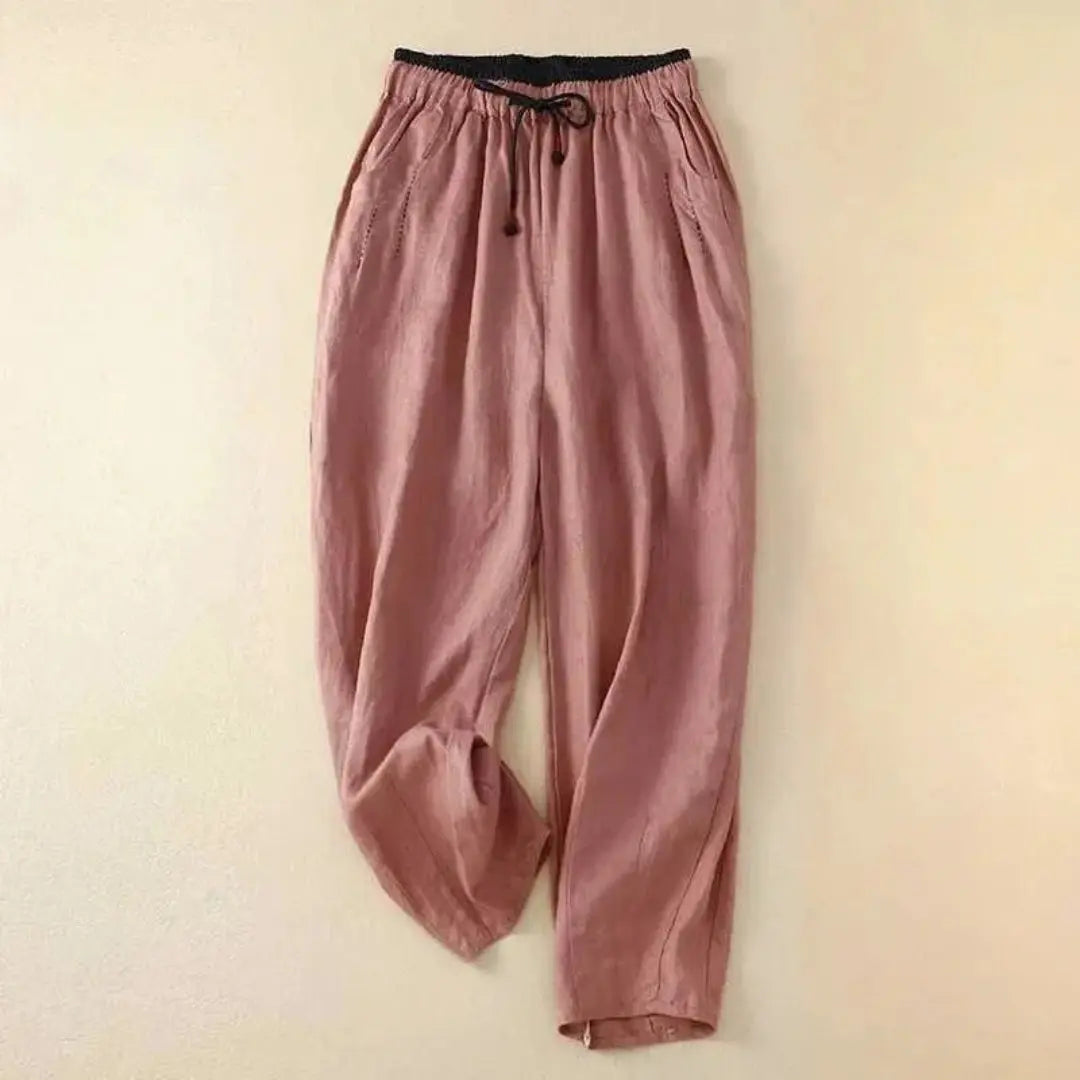 Women's relaxed linen pants with colorblock elastic drawstring waistband tapered silhouette