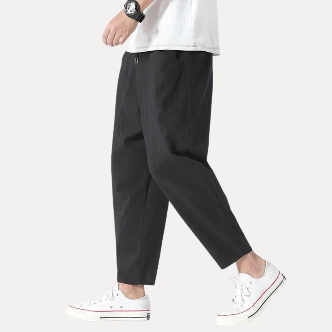 Cropped lounge pants light breathable cotton Japanese-style tapered leg with drawstring waist