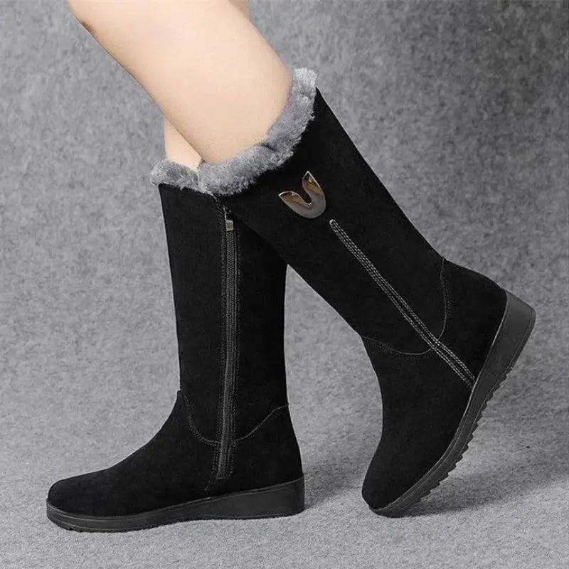 Women's mid-calf suede boots with velvet lining, non-slip sole, minimalist winter style