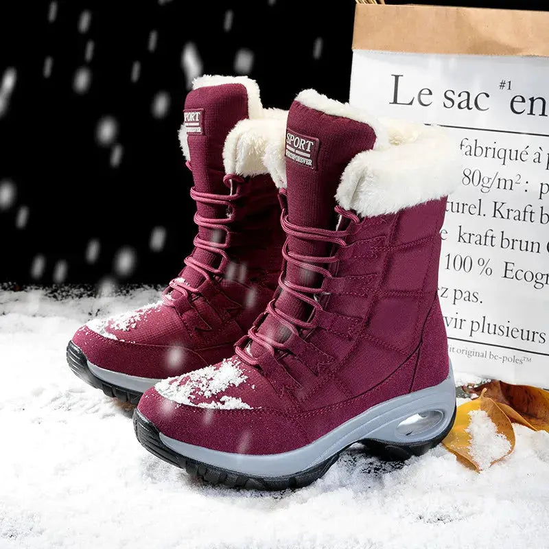 Women's mid-calf waterproof snow boots with warm plush lining and slip-resistant soles for winter