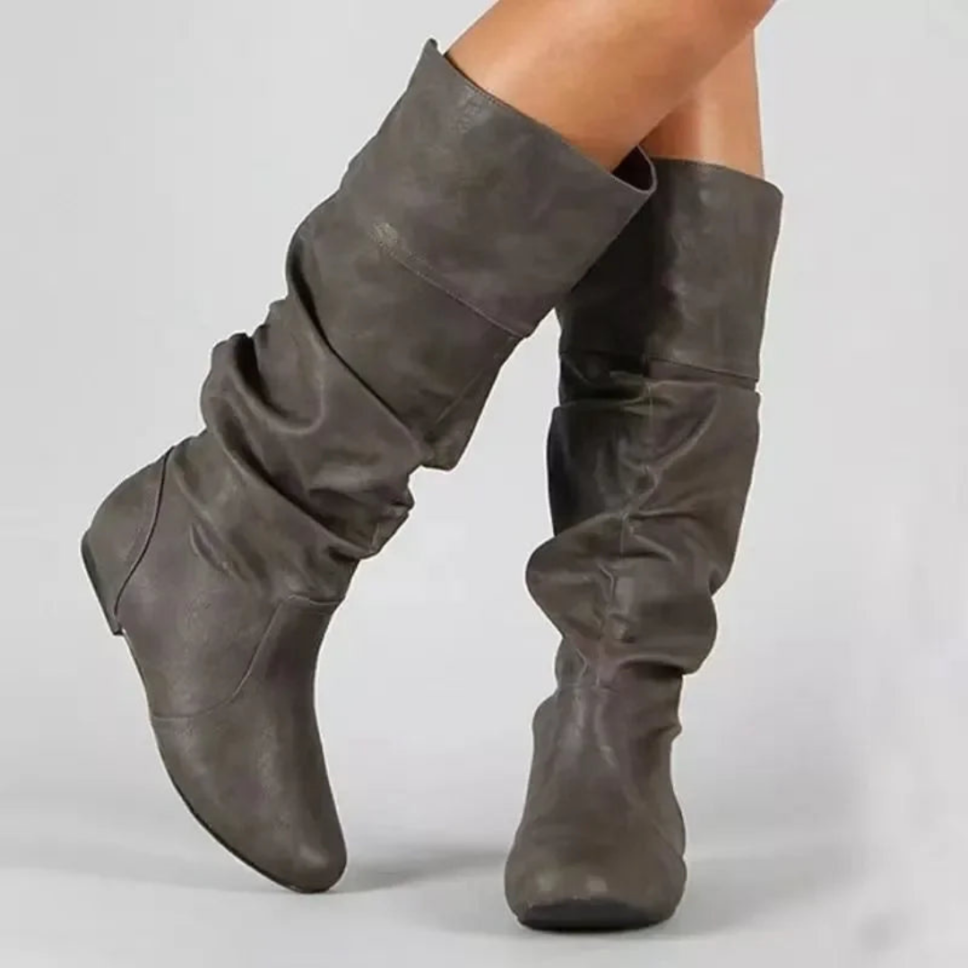 Women's mid-calf PU leather cowboy boots with Western stitching, pointed toe, rugged chic silhouette