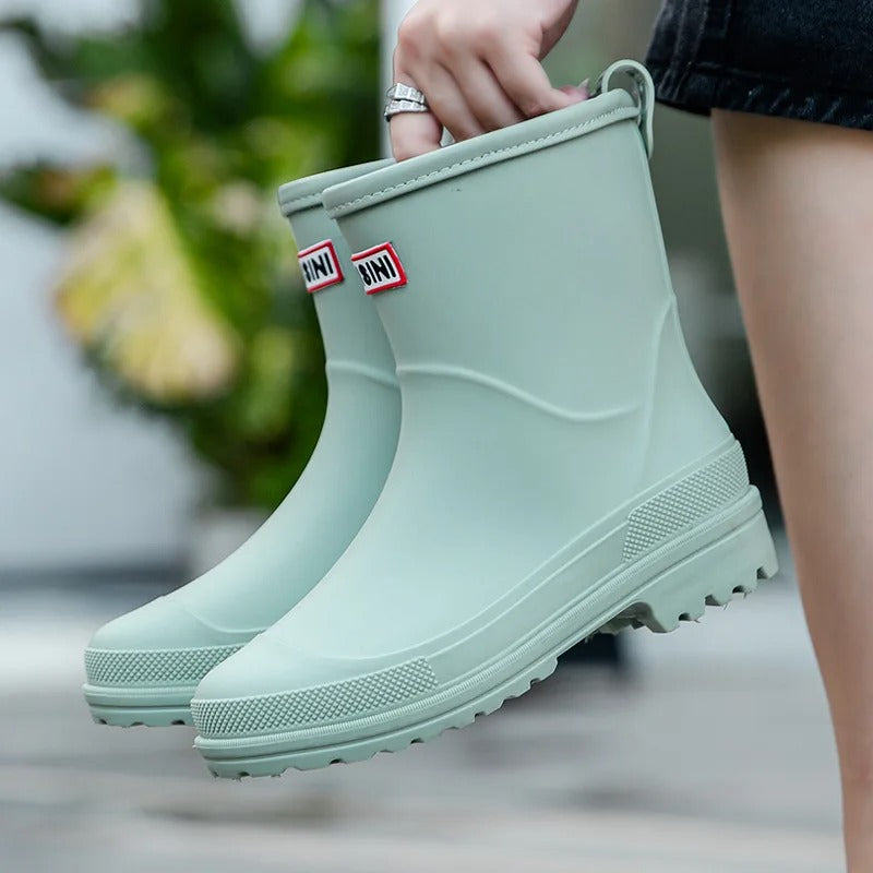 Women's mid-cut waterproof PVC rain boots with anti-slip rubber sole for all-weather traction