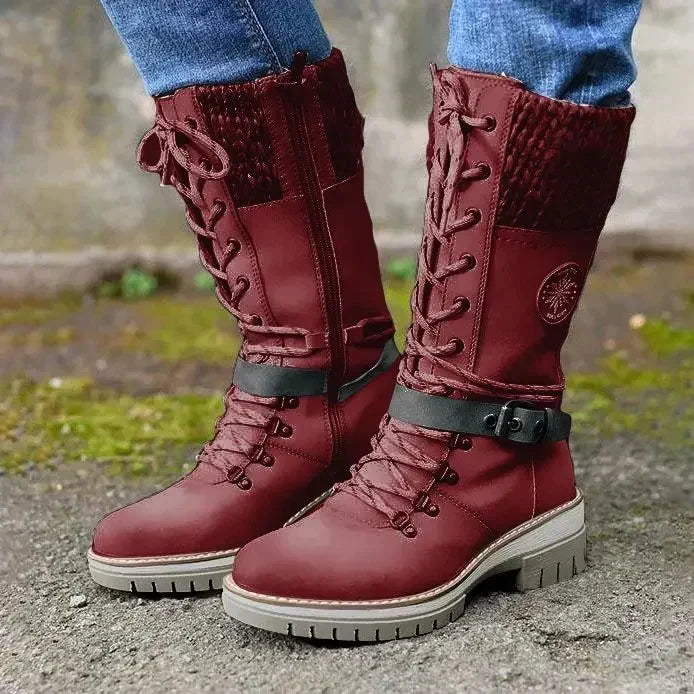 Women's black faux leather mid-tube Martin boots with cozy wool lining for winter warmth