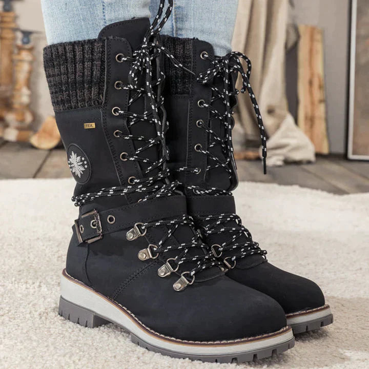 Women's black faux leather mid-tube Martin boots with cozy wool lining for winter comfort