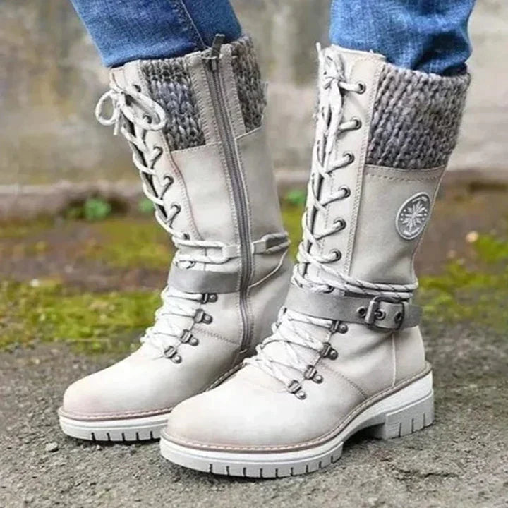 Women's brown faux leather mid-tube Martin boots with cozy wool lining for winter