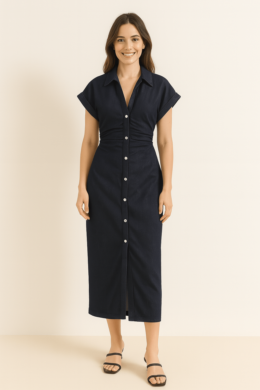 Women's navy midi shirt dress tailored fit button placket waist-shaping silhouette office style