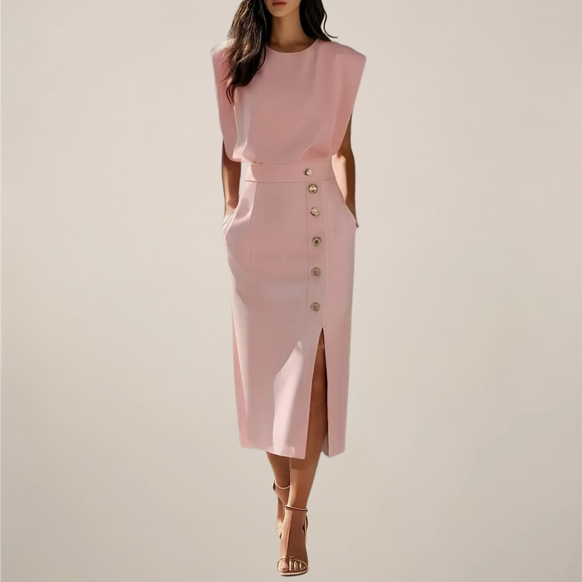 Sleeveless black midi dress with structured shoulders, side button detail and subtle slit