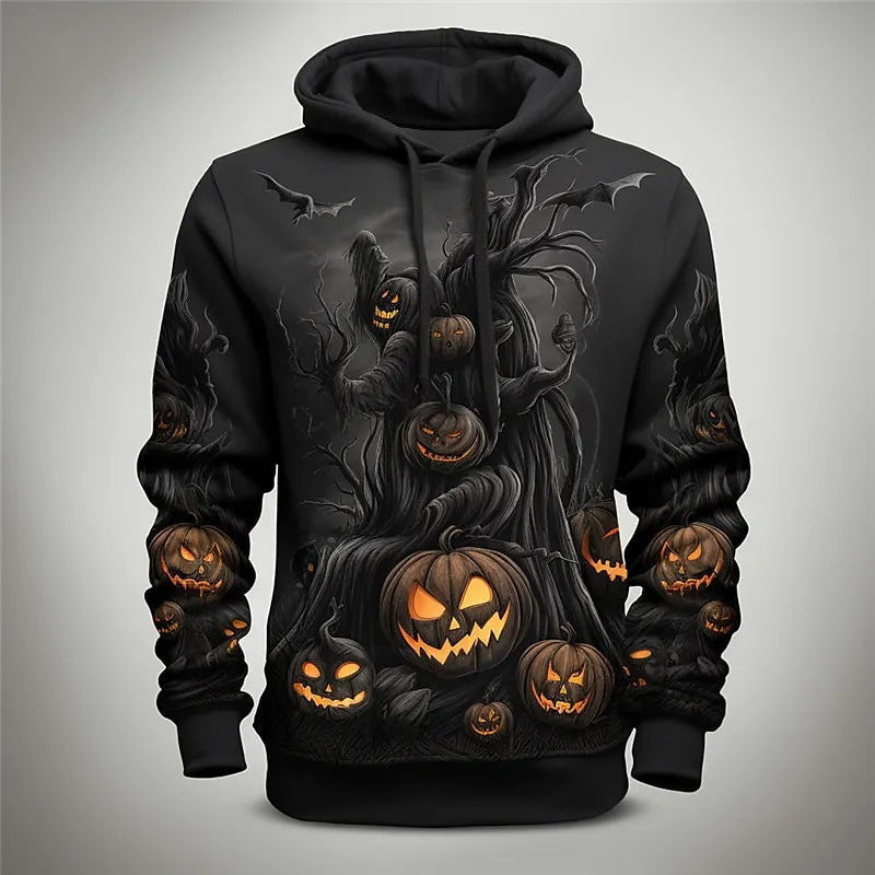 Orange Halloween pumpkin hoodie with embossed 3D pumpkin designs, cozy cotton-blend pullover for fall