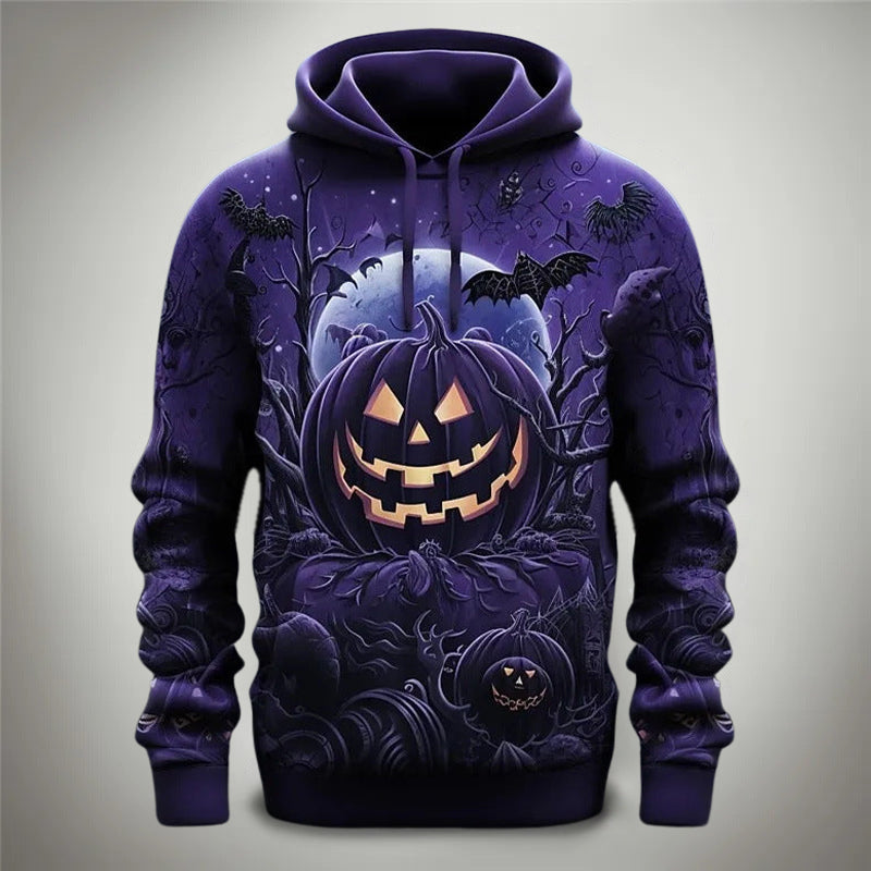 Orange Halloween pumpkin hoodie with embossed 3D pumpkin motifs, cozy cotton-blend pullover for fall