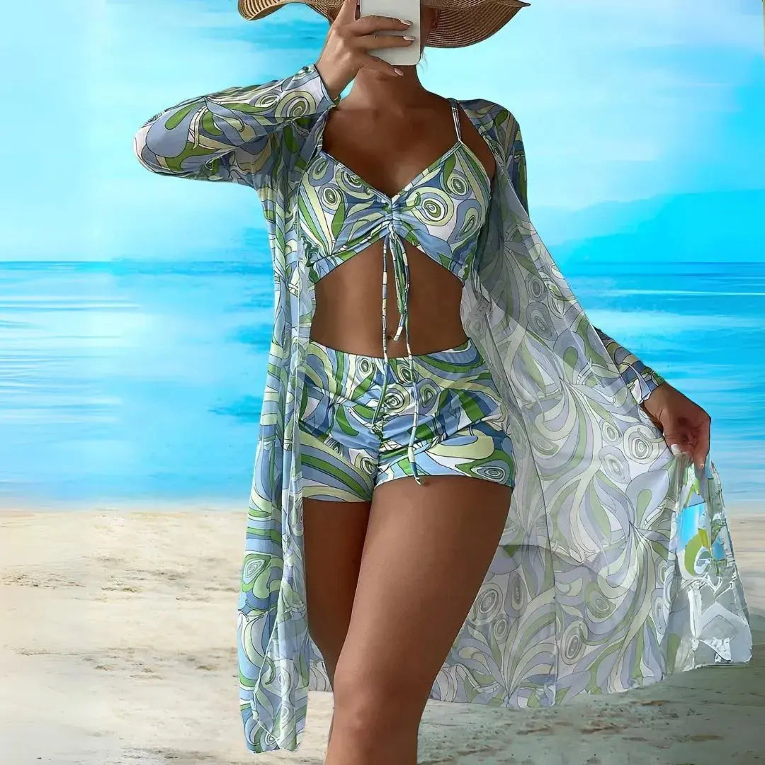 Mika 3-piece bikini set ruched top high-waisted shorts sheer longline cover-up retro print